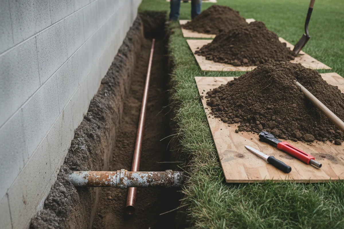 Excavated water line trench during Water Heater Repair in Hartsburg